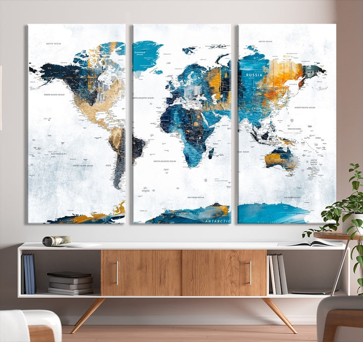 The "Turquoise Orange World Map Canvas Wall Art" showcases striking blue and orange tones. This museum-quality canvas features a UV-protective coating for enhanced durability and vibrant color retention.