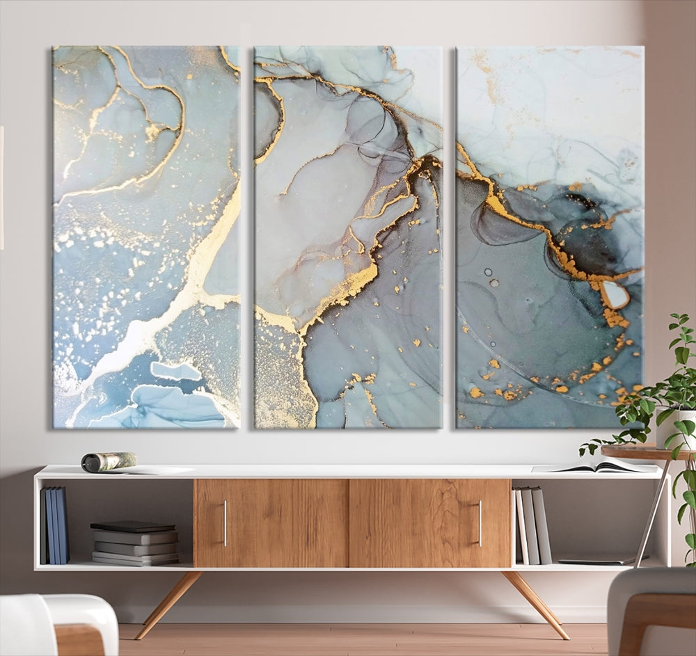 The Marble Texture Canvas Wall Art – Abstract Modern Design with Gold Accents is a perfect choice to enhance your modern space, featuring a triptych design on dark texture.