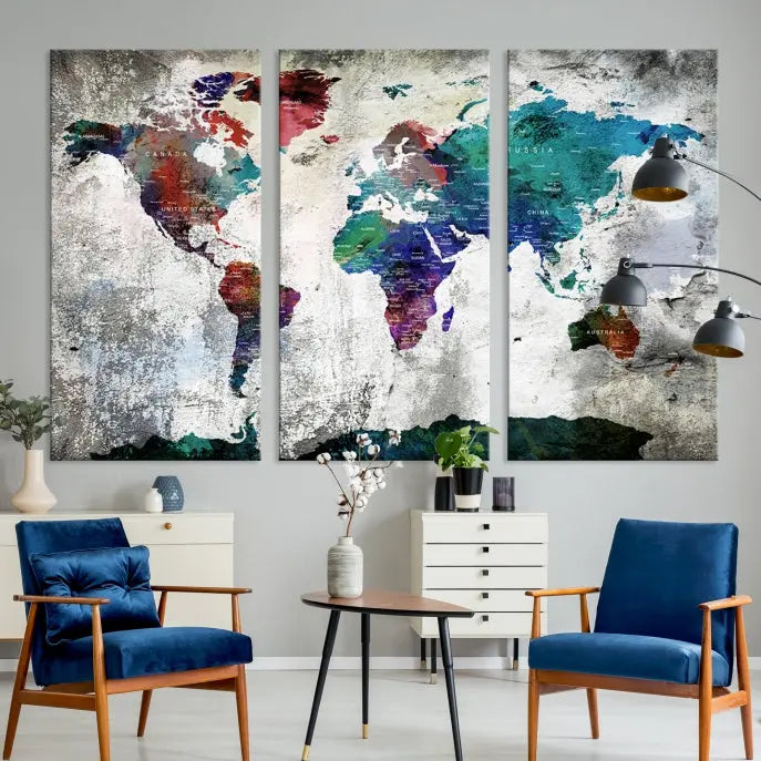 A three-panel World Map Wall Art Canvas Print, crafted with museum-quality materials, adorns the wall.