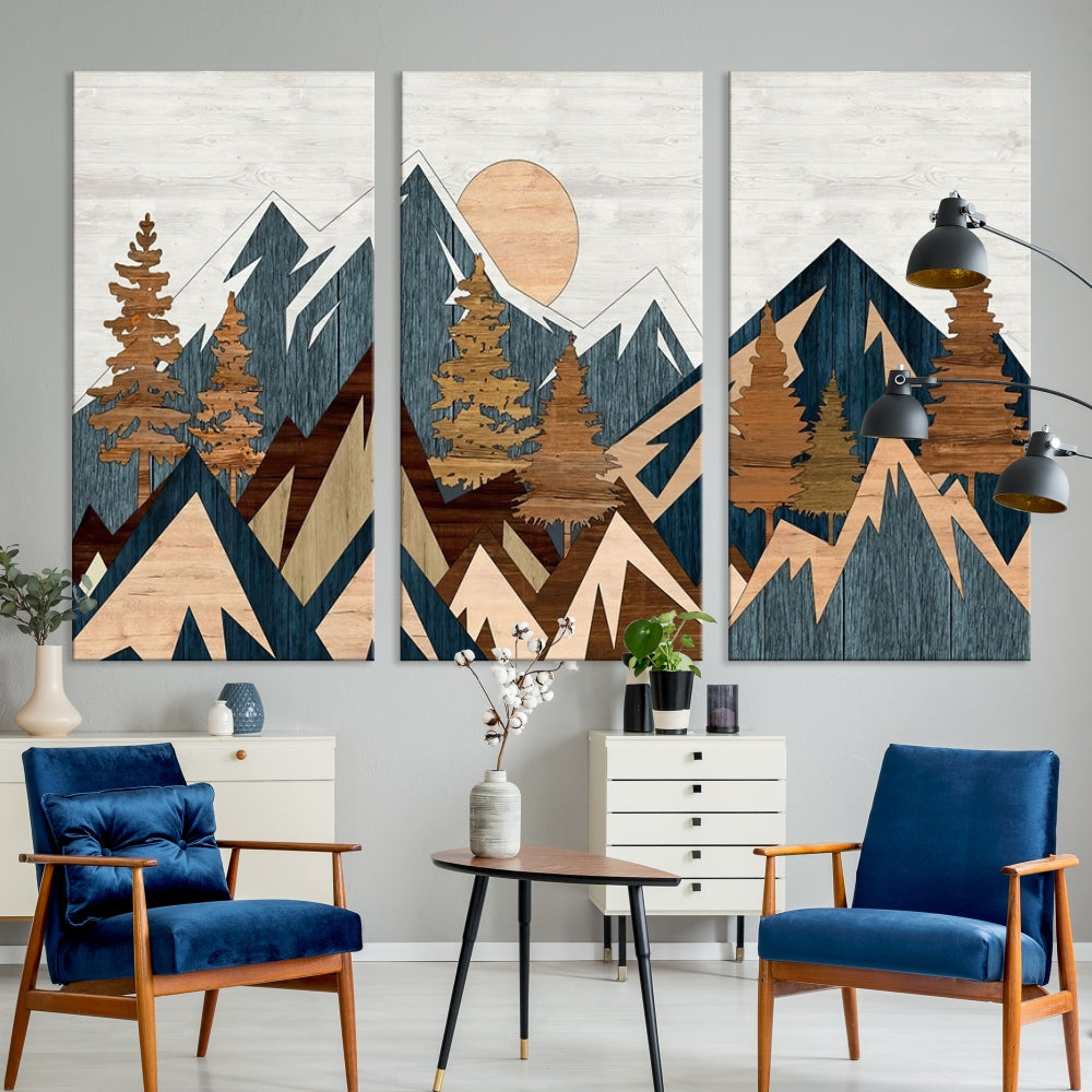 The Abstract Wood Panel Effect Mountain Range Top Wall Art Canvas Print is a striking three-panel art piece featuring mountains, trees, and the sun. Each canvas is gallery wrapped on museum-quality materials and comes with UV protection to ensure durability and preservation.