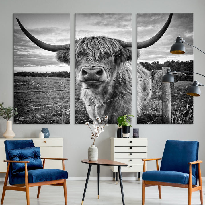 The "Scottish Highland Cow Canvas Wall Art Farmhouse Decor" adds a touch of rustic charm to your living room wall above the couch.