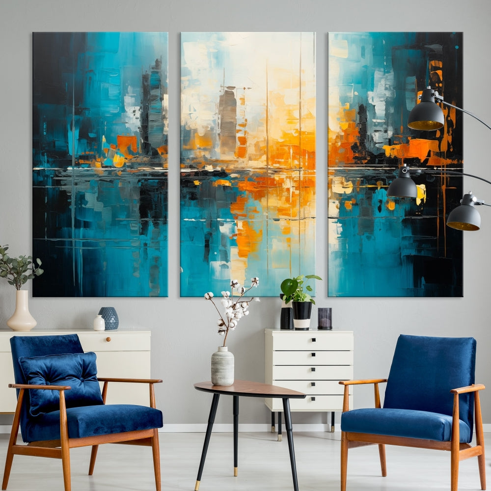 The Large Modern Abstract Wall Art Canvas Print, gallery wrapped on museum-quality canvas, enhances the modern living room setting.