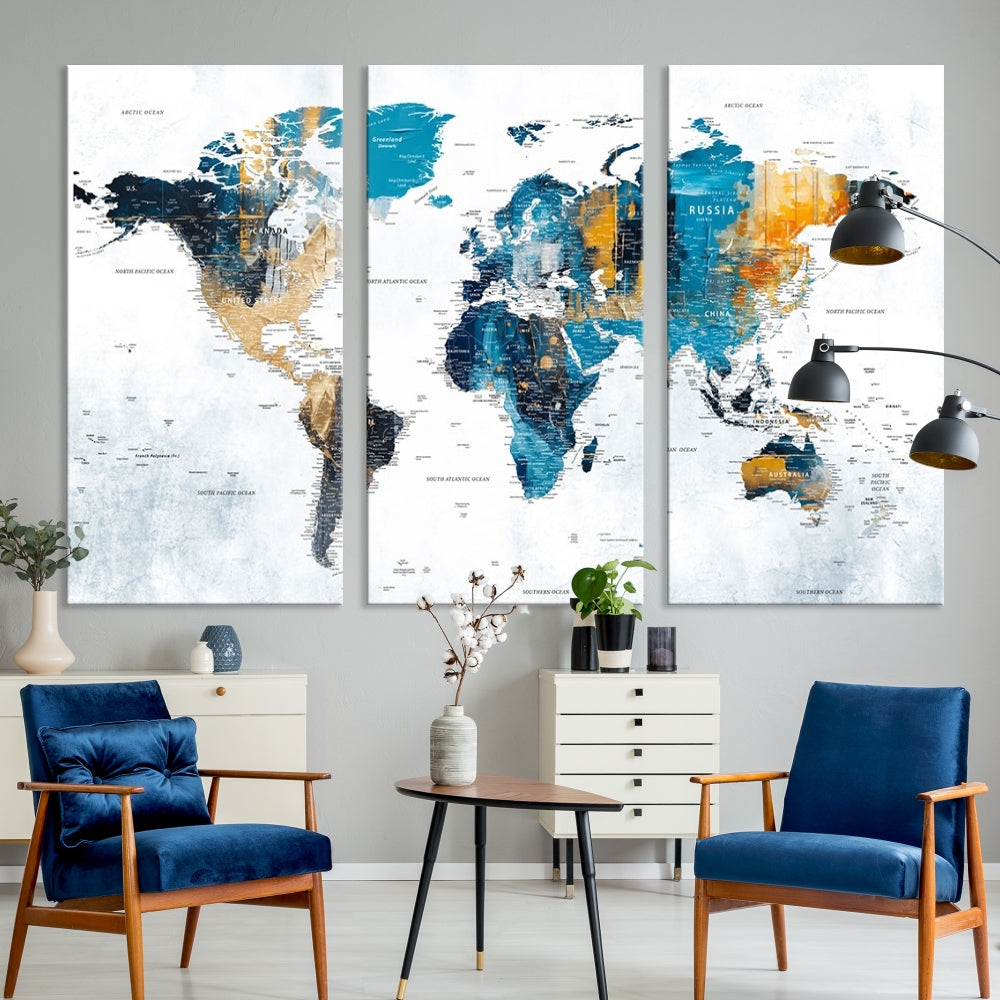 The World Map Turquoise Orange Wall Art Canvas Print, a triptych crafted on museum-quality canvases, adds aesthetic appeal and durability to the space.