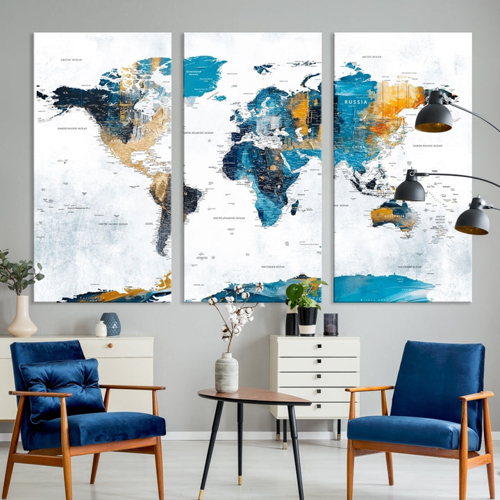 The "Turquoise Orange World Map Canvas Wall Art" showcases striking blue and orange tones. This museum-quality canvas features a UV-protective coating for enhanced durability and vibrant color retention.