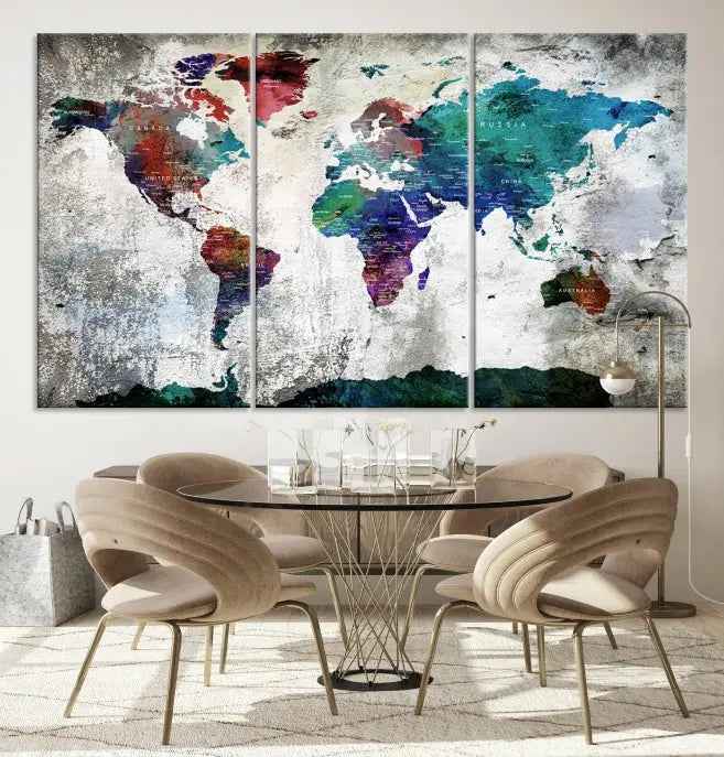 A three-panel World Map Wall Art Canvas Print, crafted with museum-quality materials, adorns the wall.