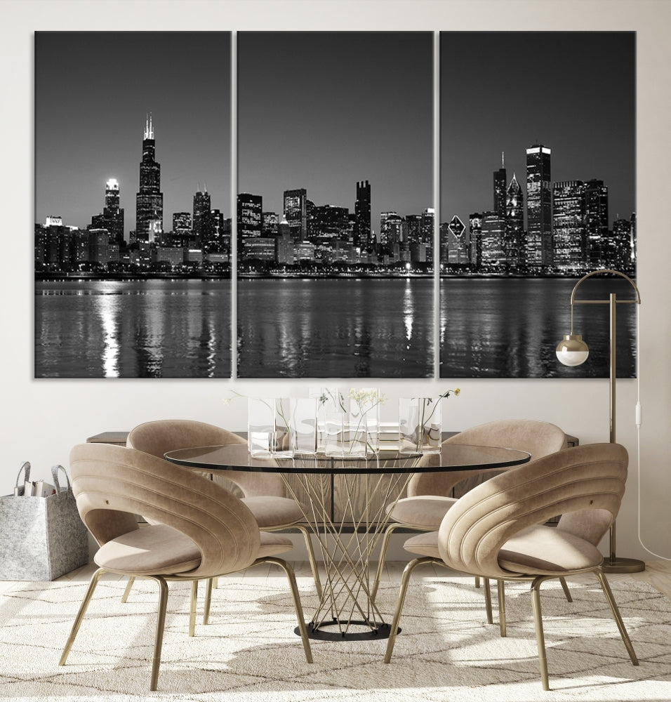 The Chicago Wall Art Canvas Print, a black and white triptych of a city skyline, adorns the space. This museum-quality canvas art arrives ready to hang, effortlessly merging sophistication with contemporary design.