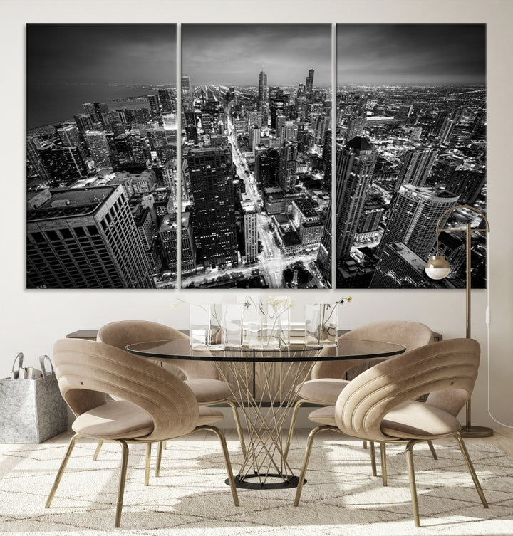 A Chicago Wall Art Canvas Print, specifically the Chicago City Night Canvas Print, is displayed in handcrafted frames.