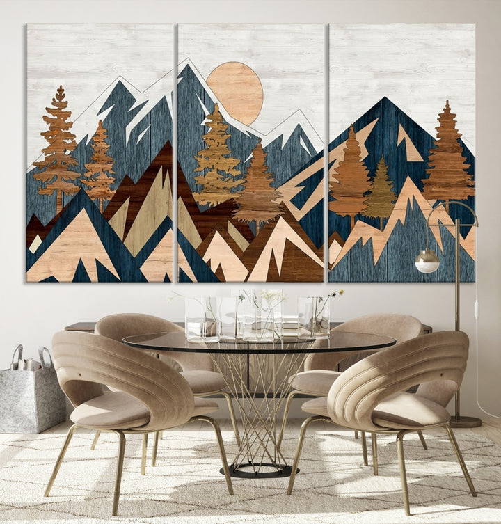 The Abstract Wood Panel Effect Mountain Range Top Wall Art Canvas Print is a striking three-panel art piece featuring mountains, trees, and the sun. Each canvas is gallery wrapped on museum-quality materials and comes with UV protection to ensure durability and preservation.