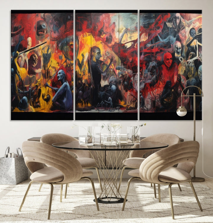 A vibrant Abstract Graffiti Wall Art triptych made of premium canvas, handmade in the USA, adorns the living room.