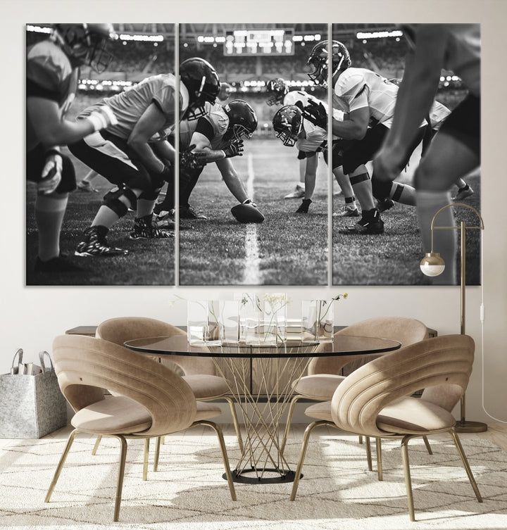 The "American Football Match Wall Art Canvas Print," featuring a black and white photo of a football game, is displayed as a triptych. This artwork is printed on museum-quality canvases and protected with a UV-coating.