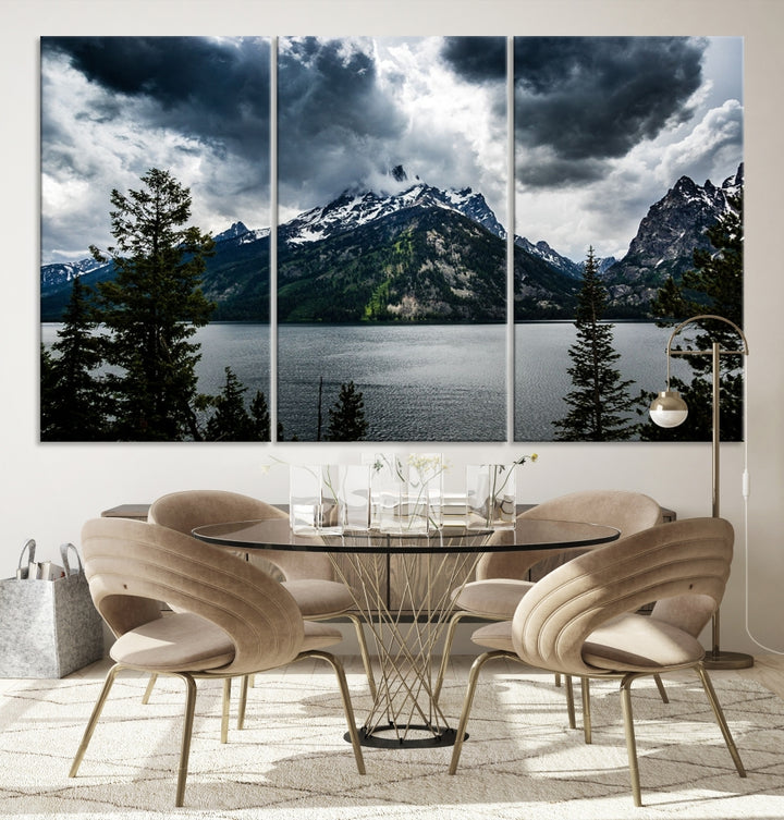 Grand Teton National Park Canvas Wall Art – Majestic Mountain Landscape Under Dramatic Clouds - Ready to Hang