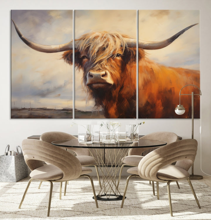 Triptych canvas wall art featuring a majestic abstract Highland longhorn cow with long horns and a flowing coat, set against a serene, natural backdrop.