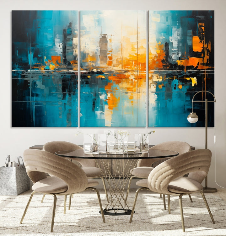 The Large Modern Abstract Wall Art Canvas Print, gallery wrapped on museum-quality canvas, enhances the modern living room setting.