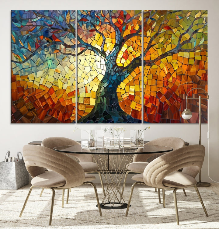 The dining area features the Mosaic Tree Canvas Wall Art, showcasing a vibrant stained glass-inspired Tree of Life called Yggdrasil with colorful leaves.