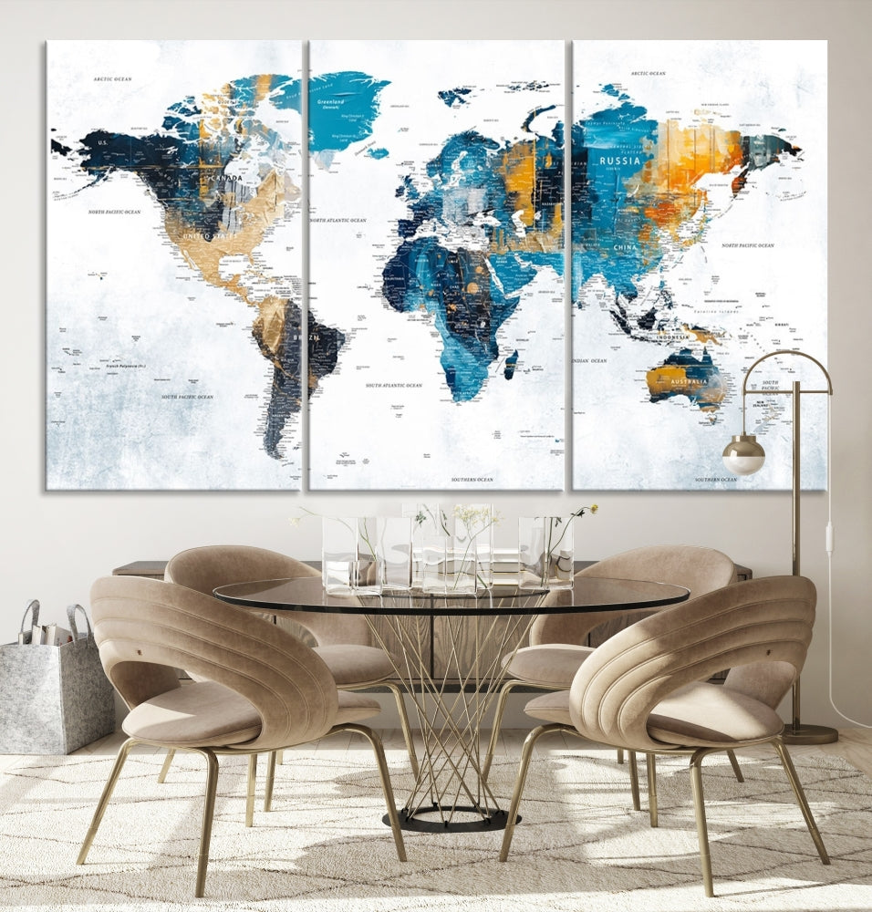 The World Map Turquoise Orange Wall Art Canvas Print, a triptych crafted on museum-quality canvases, adds aesthetic appeal and durability to the space.