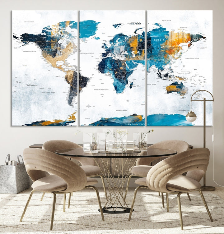 The "Turquoise Orange World Map Canvas Wall Art" showcases striking blue and orange tones. This museum-quality canvas features a UV-protective coating for enhanced durability and vibrant color retention.