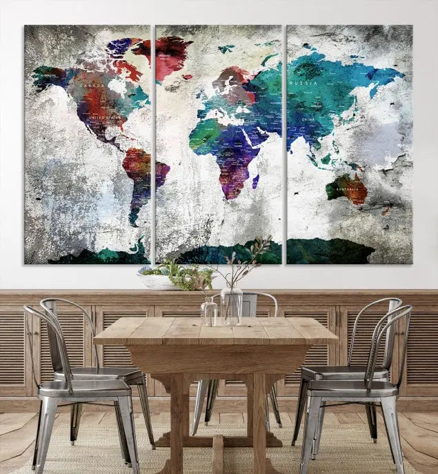 A three-panel World Map Wall Art Canvas Print, crafted with museum-quality materials, adorns the wall.