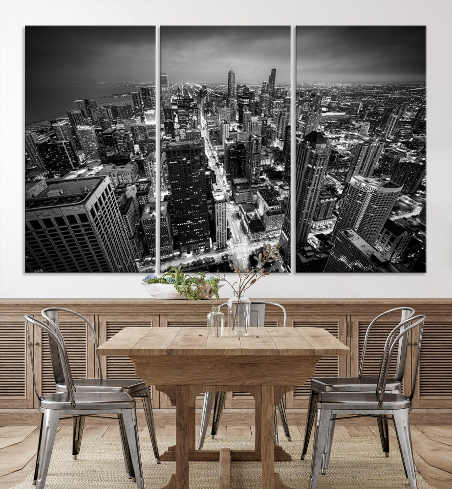 A Chicago Wall Art Canvas Print, specifically the Chicago City Night Canvas Print, is displayed in handcrafted frames.