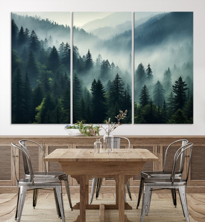 The Captivating Misty Forest Wall Art Premium Canvas Print offers a foggy and serene ambiance, enhancing the modern living room's atmosphere.