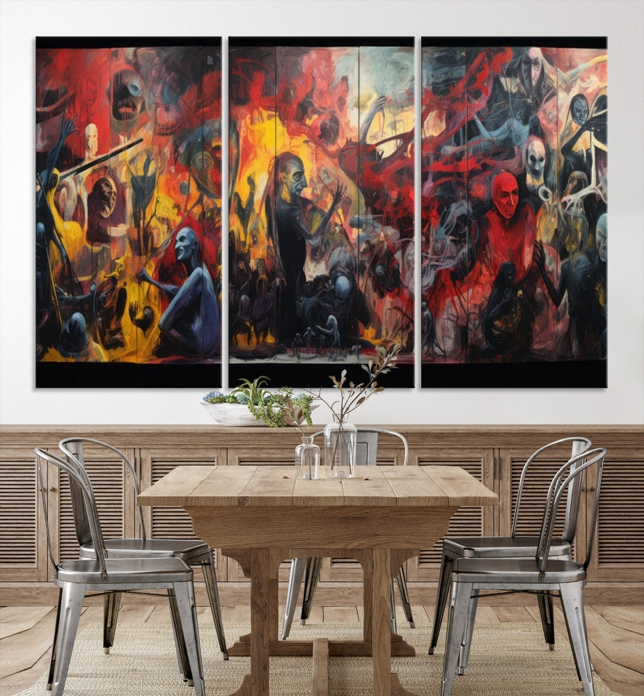 A vibrant Abstract Graffiti Wall Art triptych made of premium canvas, handmade in the USA, adorns the living room.