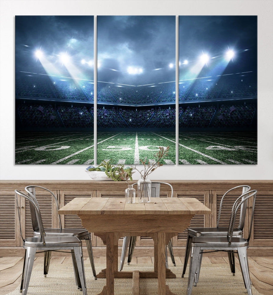 The *American Football Stadium Wall Art Canvas Print*, showcasing a lit football stadium, hangs prominently.