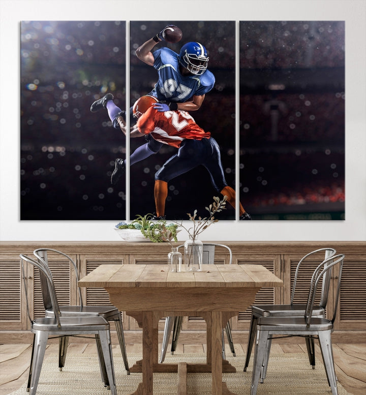 A stylish living room featuring a large gallery-quality American Football Wall Art Canvas Print, showcasing stadium sport imagery, on the wall.