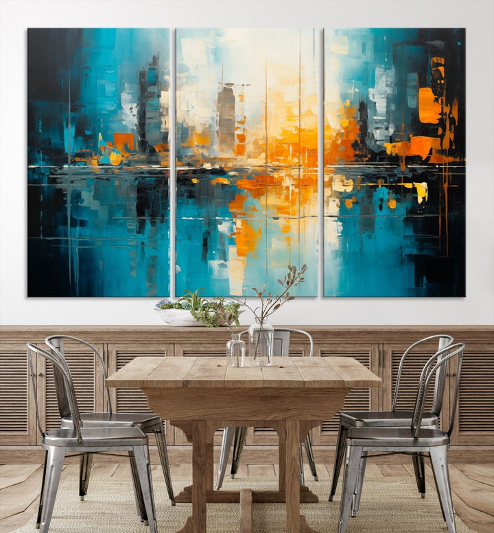 The Large Modern Abstract Wall Art Canvas Print, gallery wrapped on museum-quality canvas, enhances the modern living room setting.