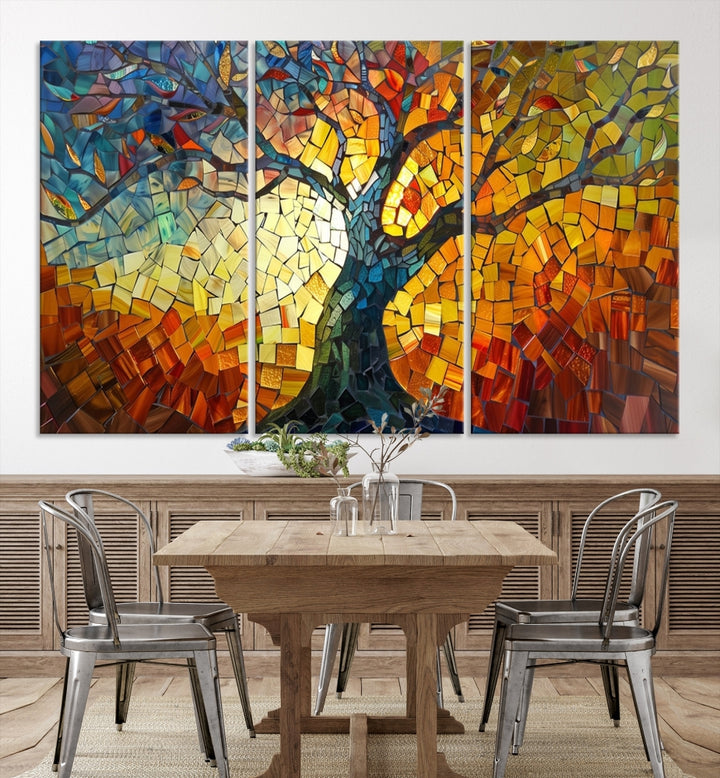 The dining area features the Mosaic Tree Canvas Wall Art, showcasing a vibrant stained glass-inspired Tree of Life called Yggdrasil with colorful leaves.