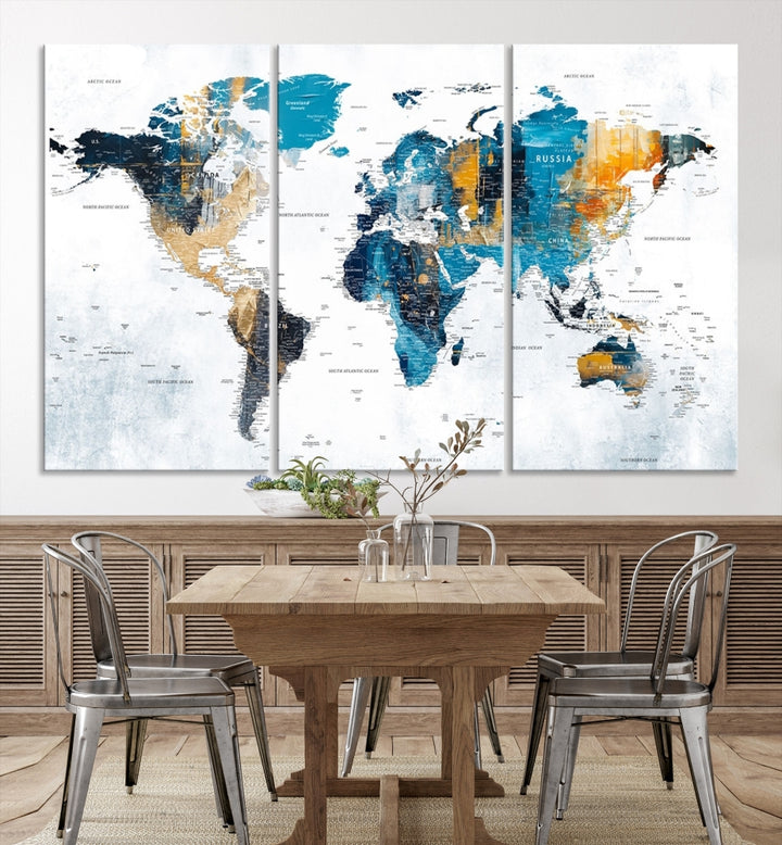 The World Map Turquoise Orange Wall Art Canvas Print, a triptych crafted on museum-quality canvases, adds aesthetic appeal and durability to the space.