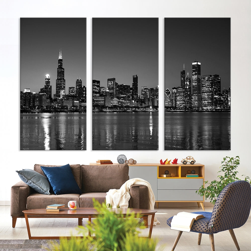 The Chicago Wall Art Canvas Print, a black and white triptych of a city skyline, adorns the space. This museum-quality canvas art arrives ready to hang, effortlessly merging sophistication with contemporary design.