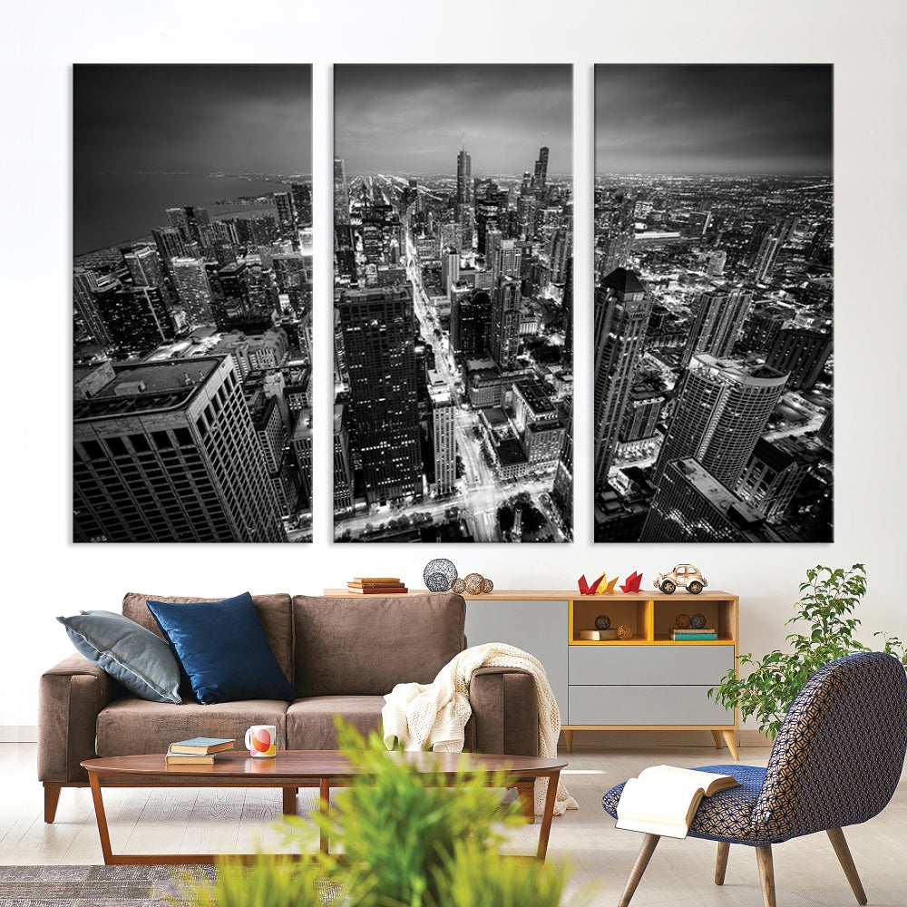 A Chicago Wall Art Canvas Print, specifically the Chicago City Night Canvas Print, is displayed in handcrafted frames.