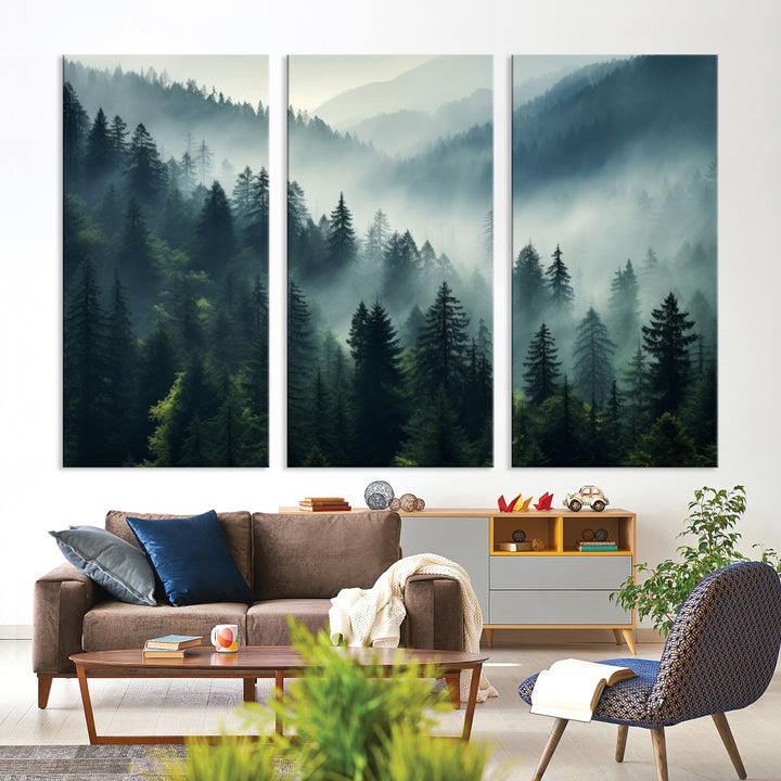 The Captivating Misty Forest Wall Art Premium Canvas Print offers a foggy and serene ambiance, enhancing the modern living room's atmosphere.