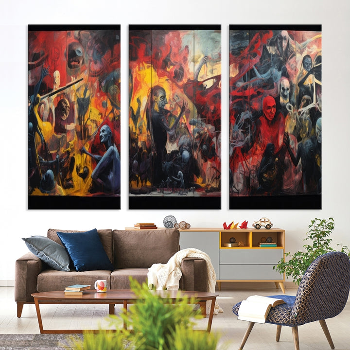 A vibrant Abstract Graffiti Wall Art triptych made of premium canvas, handmade in the USA, adorns the living room.