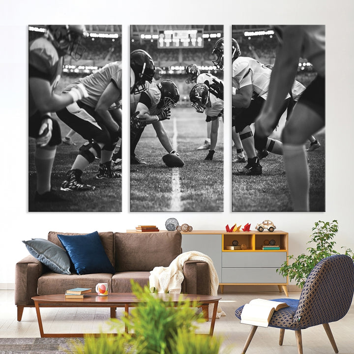 The "American Football Match Wall Art Canvas Print," featuring a black and white photo of a football game, is displayed as a triptych. This artwork is printed on museum-quality canvases and protected with a UV-coating.