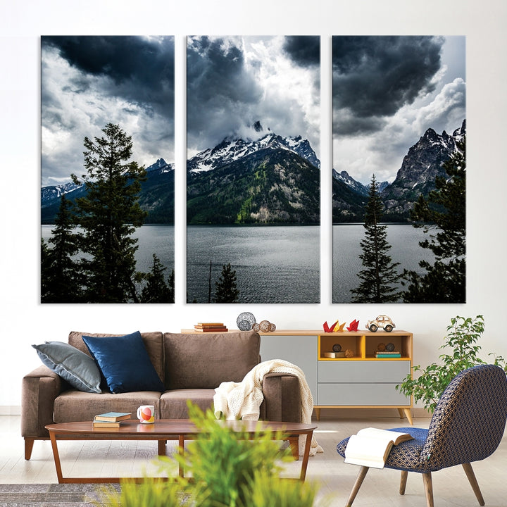 Grand Teton National Park canvas wall art featuring dramatic mountain peaks under stormy clouds.