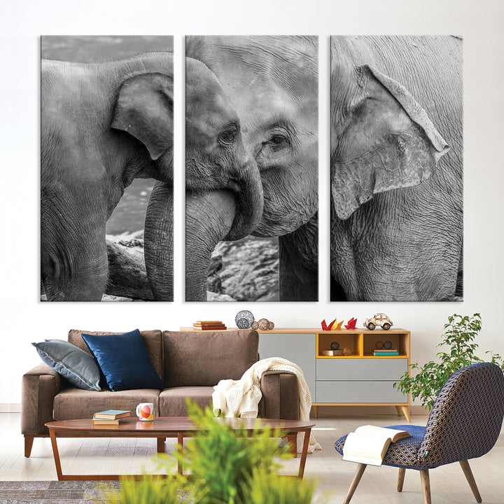 Elefante lienzo pared arte Elefantes familia negro blanco impresión Animales arte de la pared Elefante enmarcado lienzo elefante bebé y mamá decoración del hogar