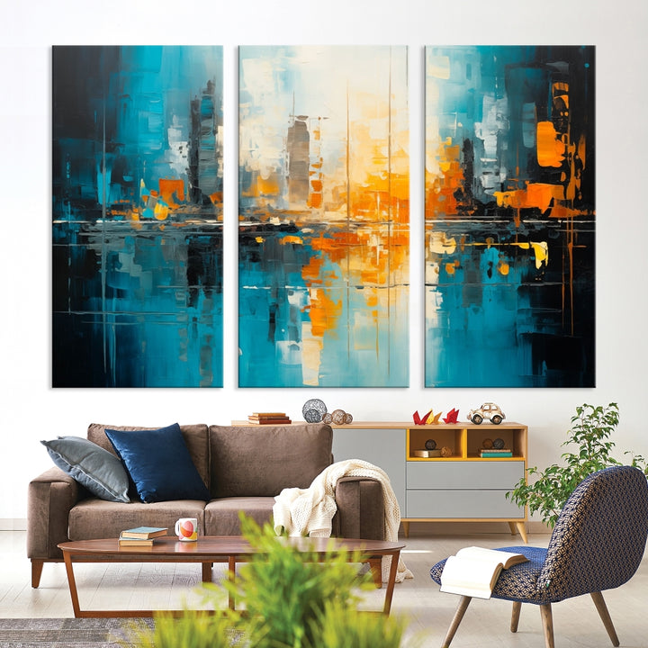 The Large Modern Abstract Wall Art Canvas Print, gallery wrapped on museum-quality canvas, enhances the modern living room setting.