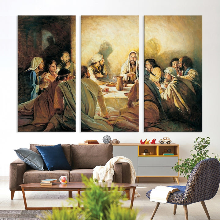 A cozy living room showcases a three-panel canvas titled "The Last Supper Canvas Wall Art – Sacred Religious Masterpiece," depicting people gathered at a table reminiscent of the Last Supper.