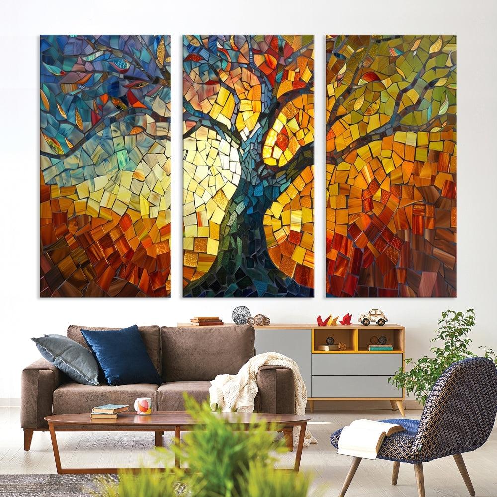 The dining area features the Mosaic Tree Canvas Wall Art, showcasing a vibrant stained glass-inspired Tree of Life called Yggdrasil with colorful leaves.