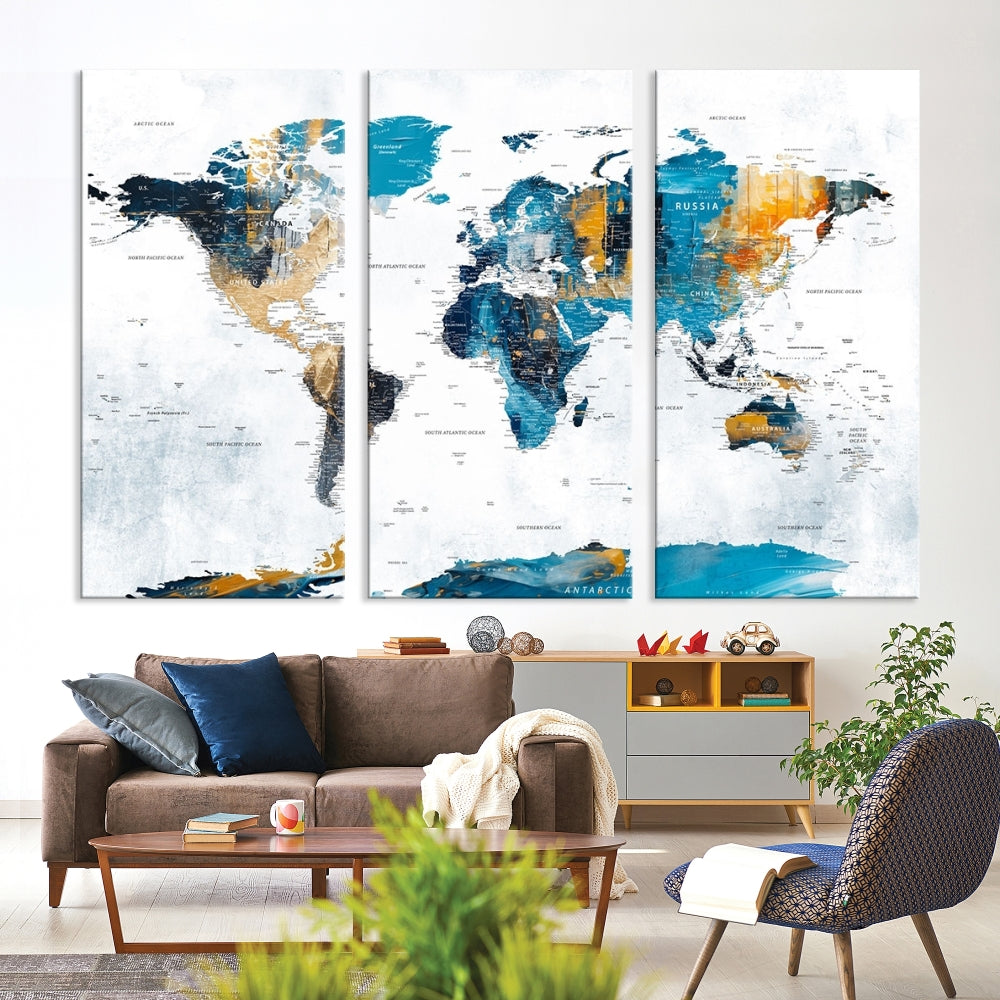 The "Turquoise Orange World Map Canvas Wall Art" showcases striking blue and orange tones. This museum-quality canvas features a UV-protective coating for enhanced durability and vibrant color retention.