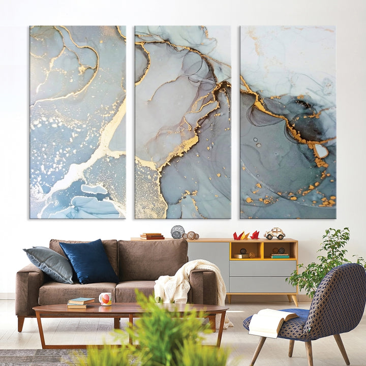 The Marble Texture Canvas Wall Art – Abstract Modern Design with Gold Accents is a perfect choice to enhance your modern space, featuring a triptych design on dark texture.