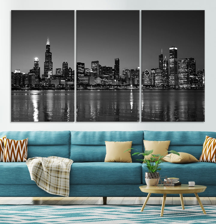 The Chicago Wall Art Canvas Print, a black and white triptych of a city skyline, adorns the space. This museum-quality canvas art arrives ready to hang, effortlessly merging sophistication with contemporary design.