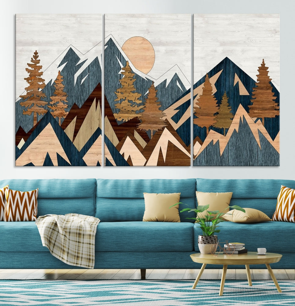 The Abstract Wood Panel Effect Mountain Range Top Wall Art Canvas Print is a striking three-panel art piece featuring mountains, trees, and the sun. Each canvas is gallery wrapped on museum-quality materials and comes with UV protection to ensure durability and preservation.