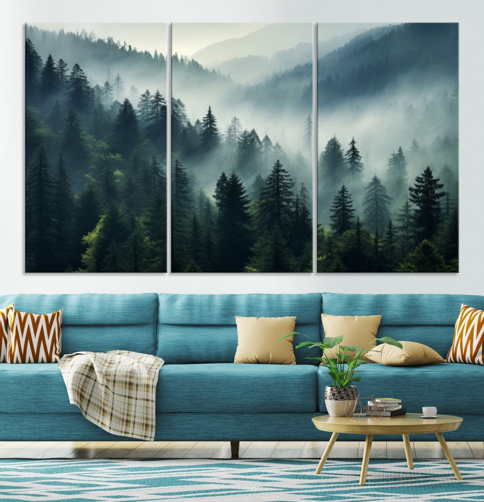 The Captivating Misty Forest Wall Art Premium Canvas Print offers a foggy and serene ambiance, enhancing the modern living room's atmosphere.