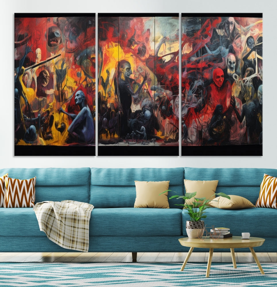 A vibrant Abstract Graffiti Wall Art triptych made of premium canvas, handmade in the USA, adorns the living room.