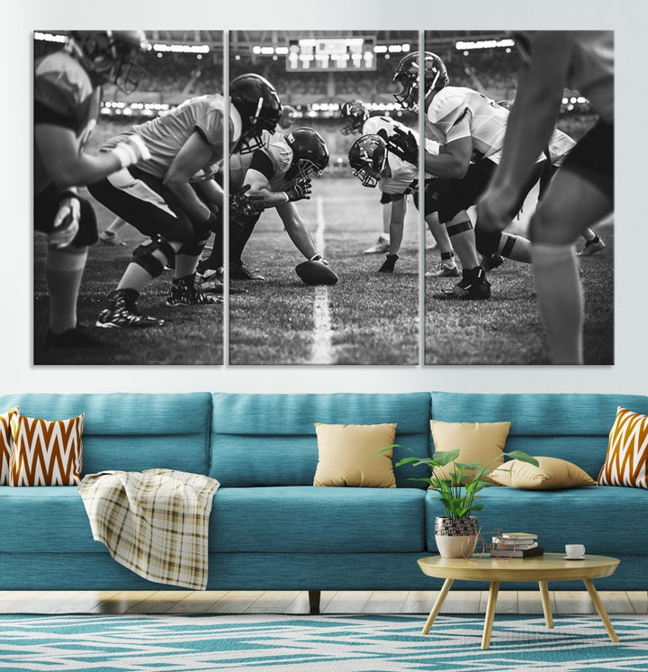 The "American Football Match Wall Art Canvas Print," featuring a black and white photo of a football game, is displayed as a triptych. This artwork is printed on museum-quality canvases and protected with a UV-coating.