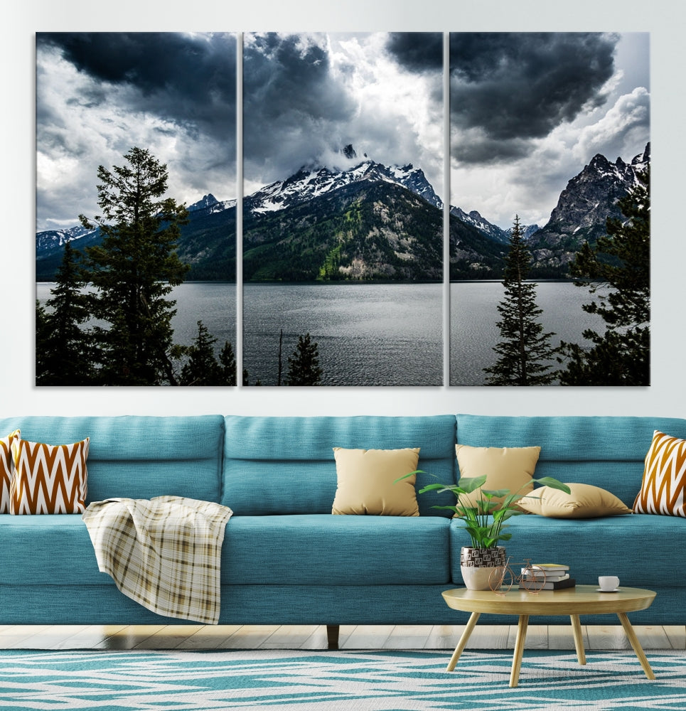 Grand Teton National Park Canvas Wall Art – Majestic Mountain Landscape Under Dramatic Clouds - Ready to Hang