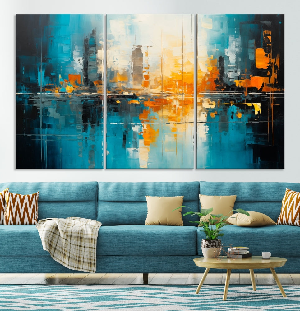 The Large Modern Abstract Wall Art Canvas Print, gallery wrapped on museum-quality canvas, enhances the modern living room setting.