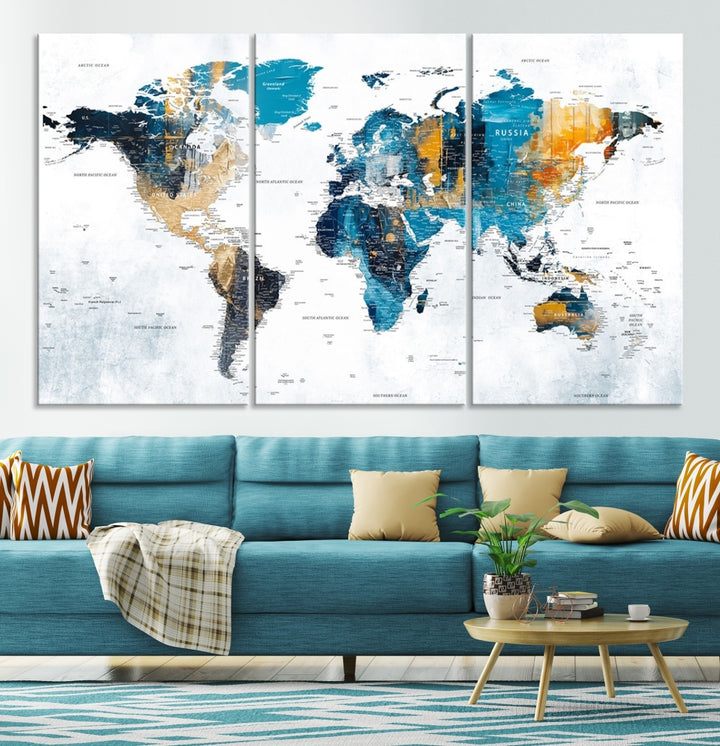 The World Map Turquoise Orange Wall Art Canvas Print, a triptych crafted on museum-quality canvases, adds aesthetic appeal and durability to the space.