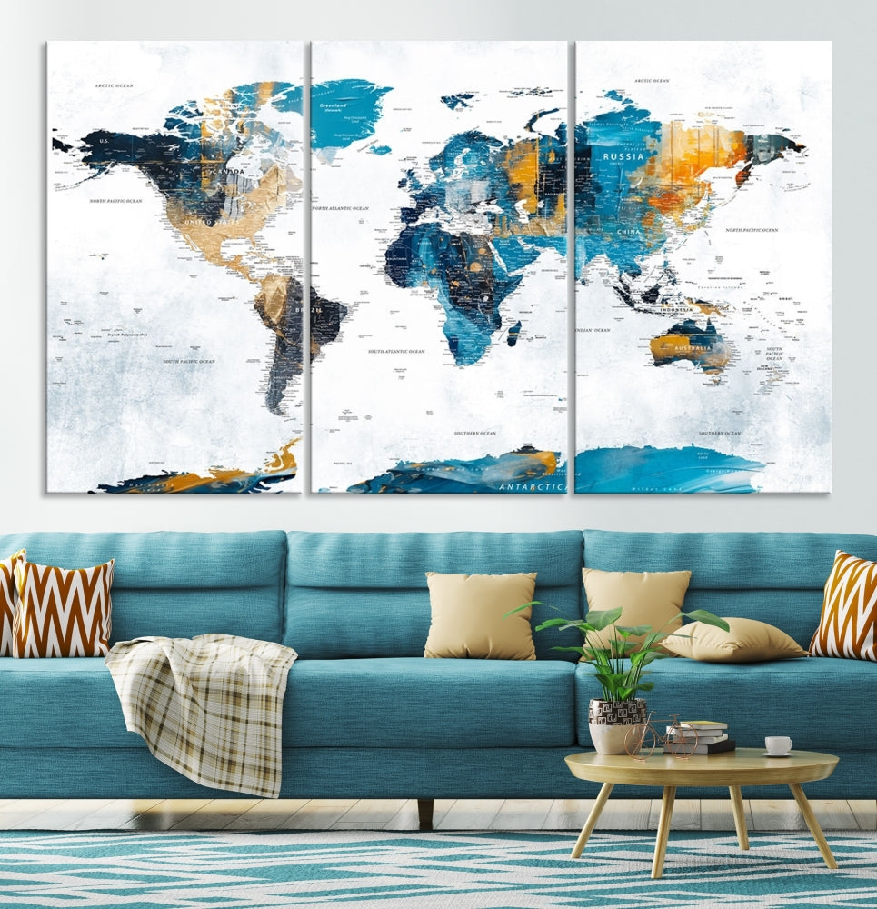 The "Turquoise Orange World Map Canvas Wall Art" showcases striking blue and orange tones. This museum-quality canvas features a UV-protective coating for enhanced durability and vibrant color retention.